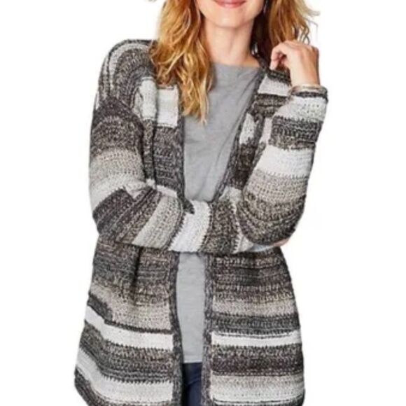 J. JILL Intarsia Cardigan Sweater Chunky Textured Knit Gray, Sz LP - Picture 1 of 11